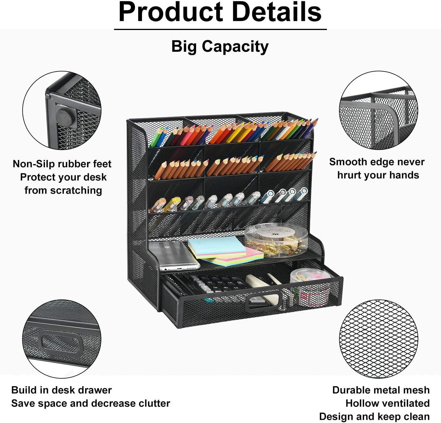 Mesh Desk Organizer with Drawer，Multi-Functional Pen Holder, Pen Organizer for desk, Desktop Stationary Organizer, St... - Image 5