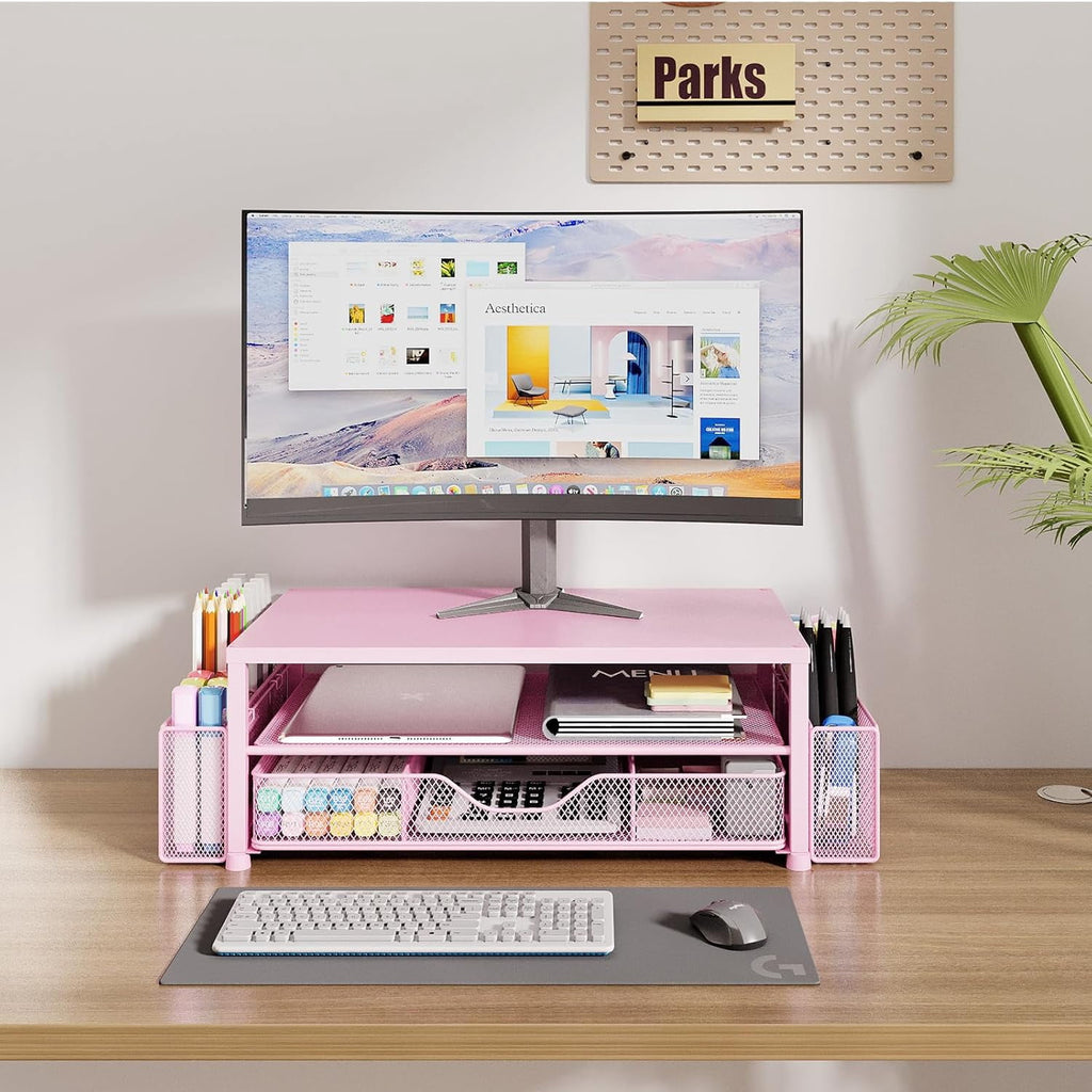 and Accessories, 2-Tier Computer Monitor Stand Riser with Drawer and 2 Pen Holders, Laptop Stand, Office Desk Accesso... - Image 2