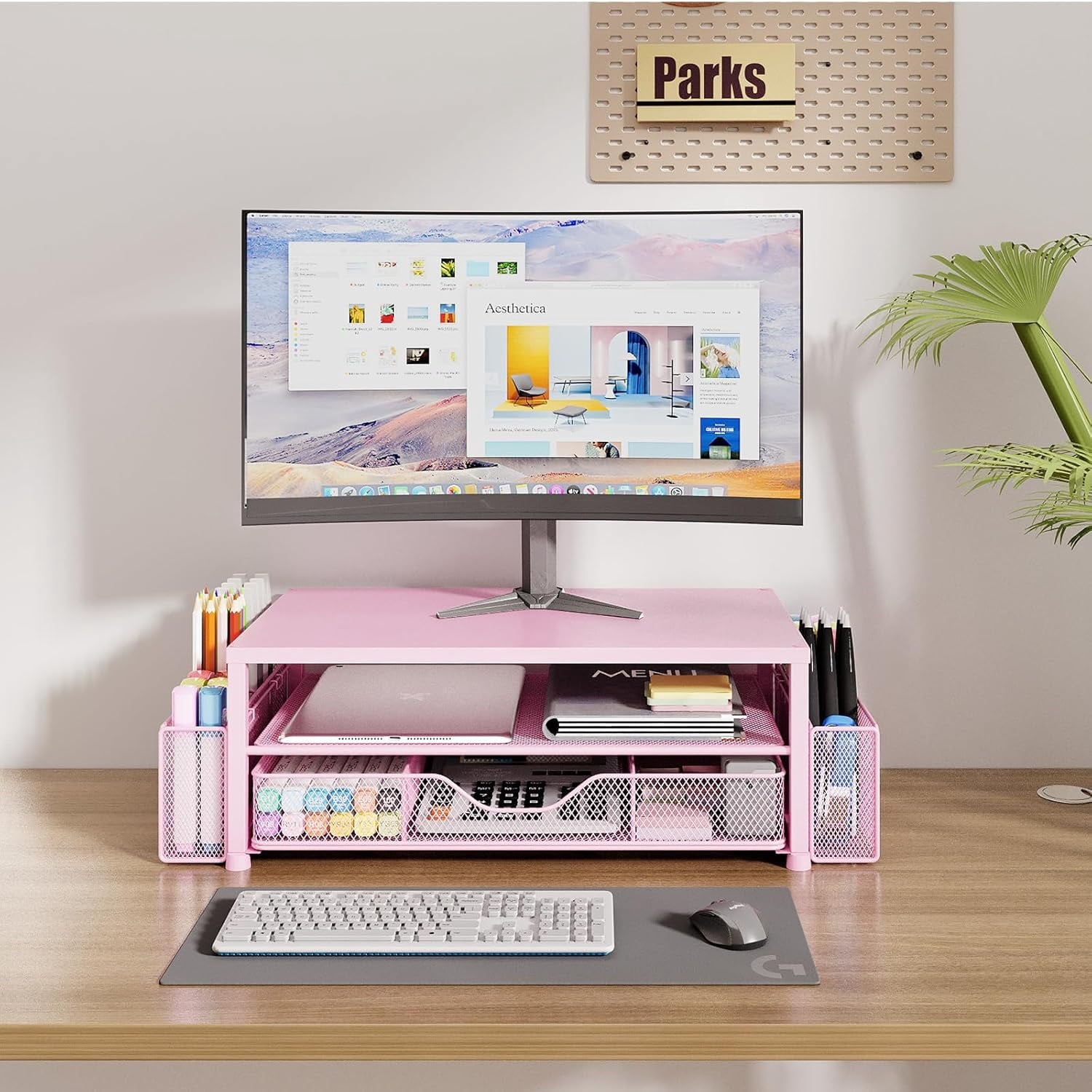 and Accessories, 2-Tier Computer Monitor Stand Riser with Drawer and 2 Pen Holders, Laptop Stand, Office Desk Accesso... - Image 2