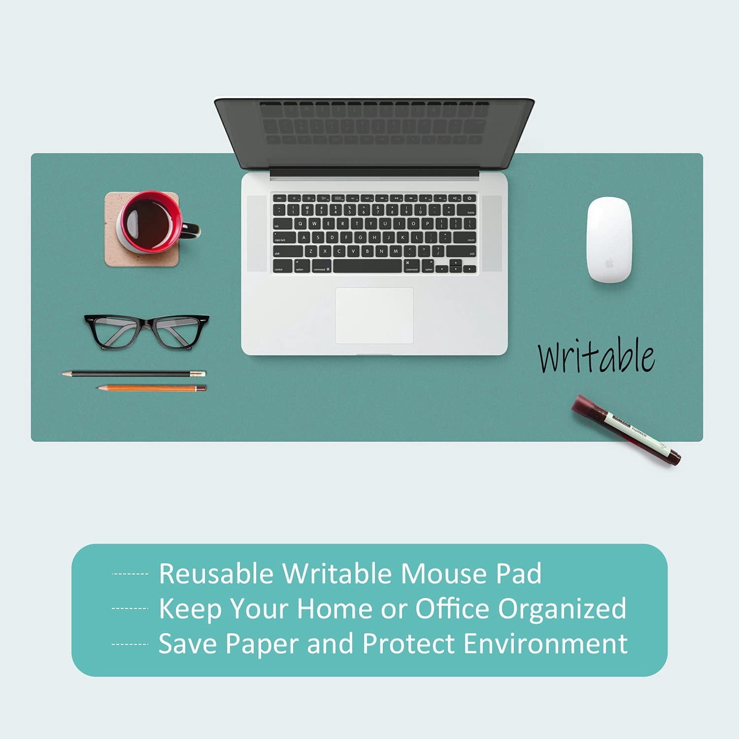 MAKUANG PVC Material Writable and Erasable Desk Mat, 27.5" x 13.8" Waterproof Large Desktop Mouse Pad, Lake Green - Image 3