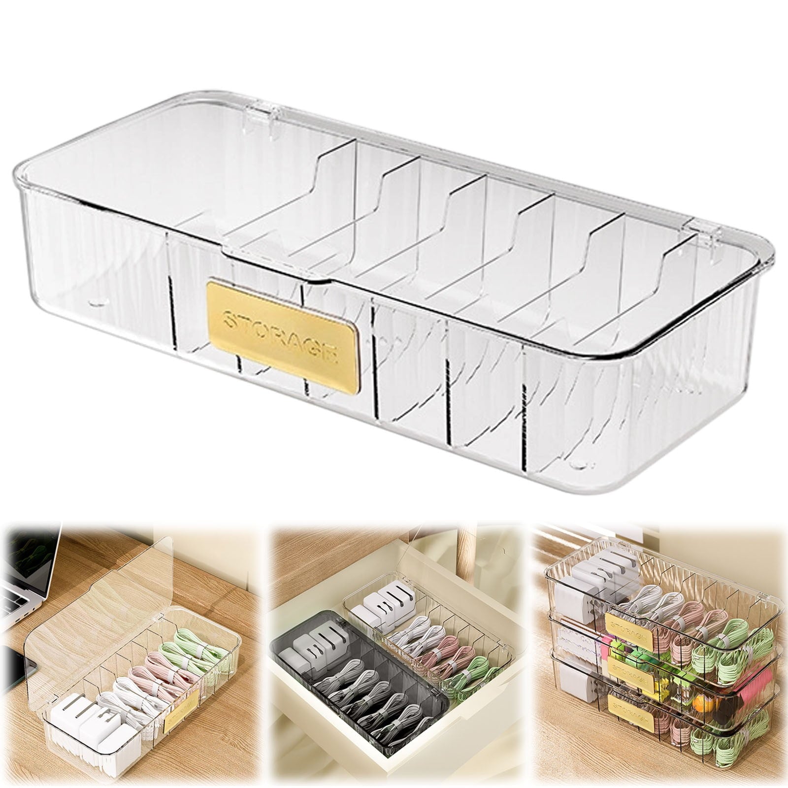 Box, Transparent Cord Storage Box Case, Storage with 7 Compartments, Desktop Management Box, 10.82X5.11X2.2inch - Image 2