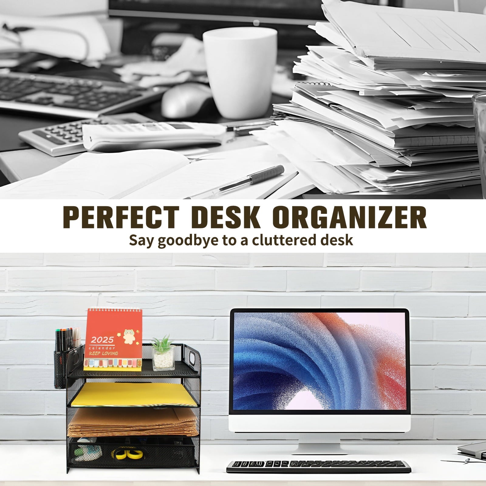 PHANCIR 4-Tier Desk Organizer, New Office Supplies, Metal Desktop File Organizer & Storage with Pull-out Drawer, 1 Pack - Image 3