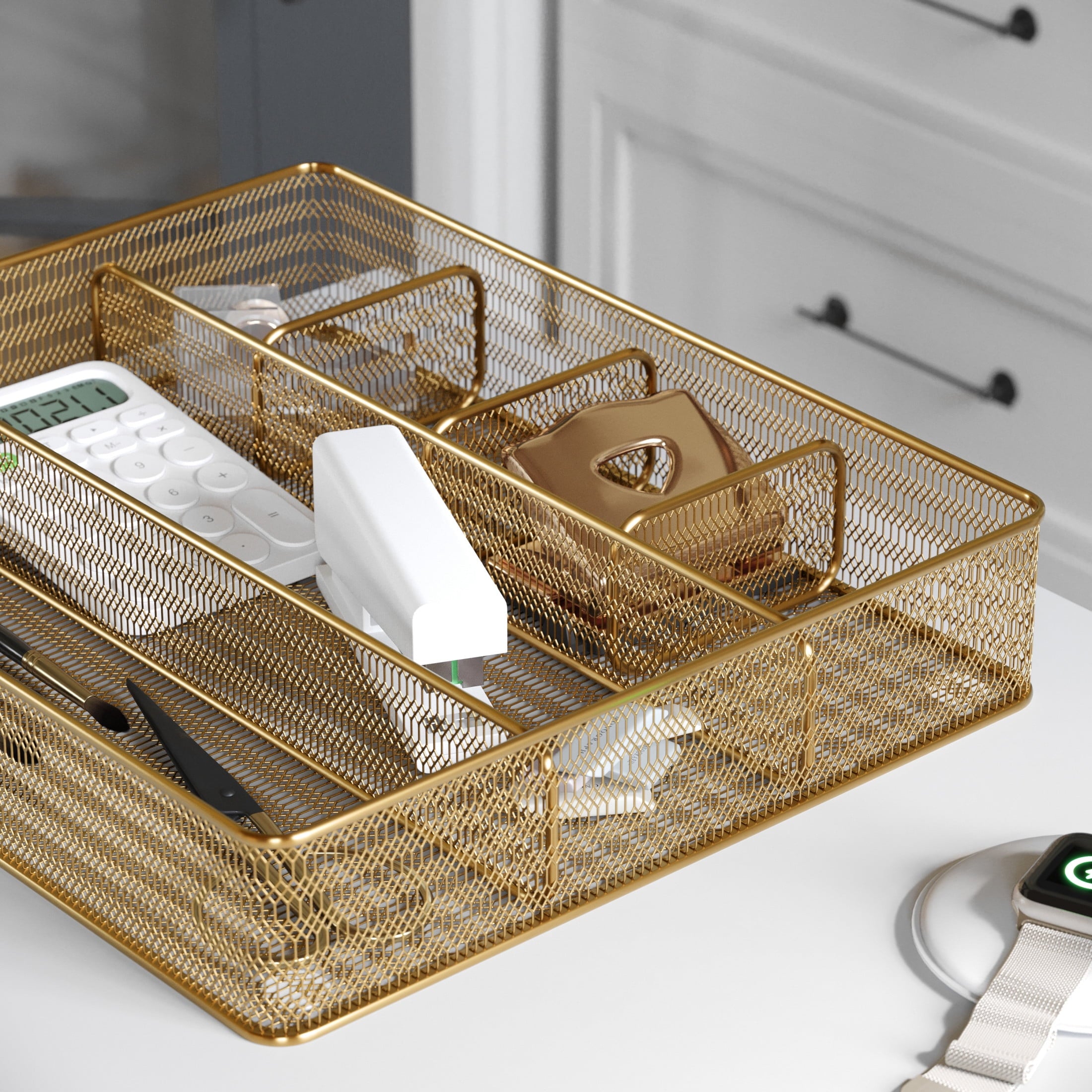 Ryder Gold Mesh Metal 6 Compartment Large Desk Drawer Organizer for Accessories and Office Supplies - Image 4