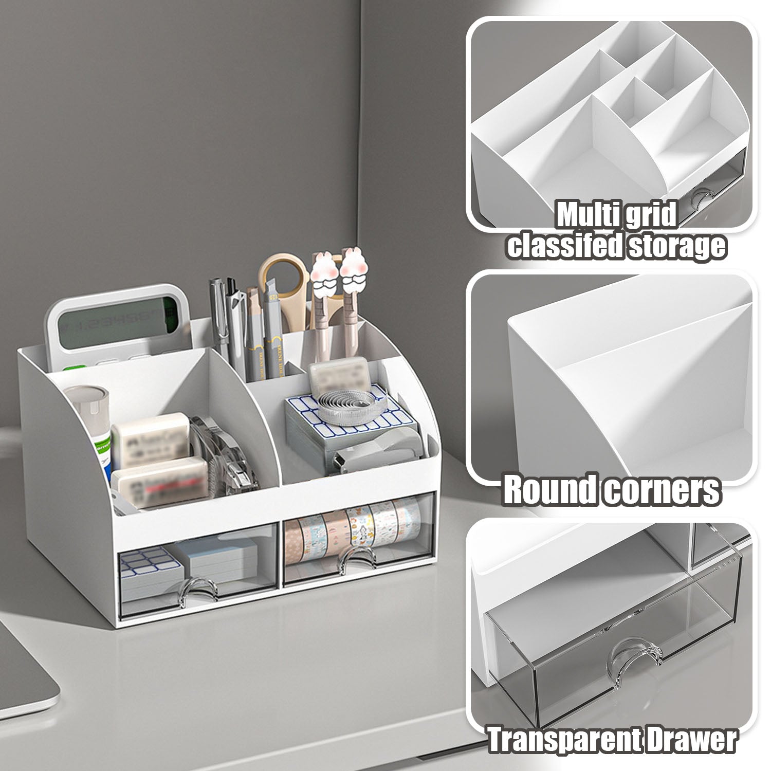 Style-Carry Desk Organizer with 6 Compartments and 2 Drawers, Plastic Desktop Organizer & Pencil Holder, White - Image 3