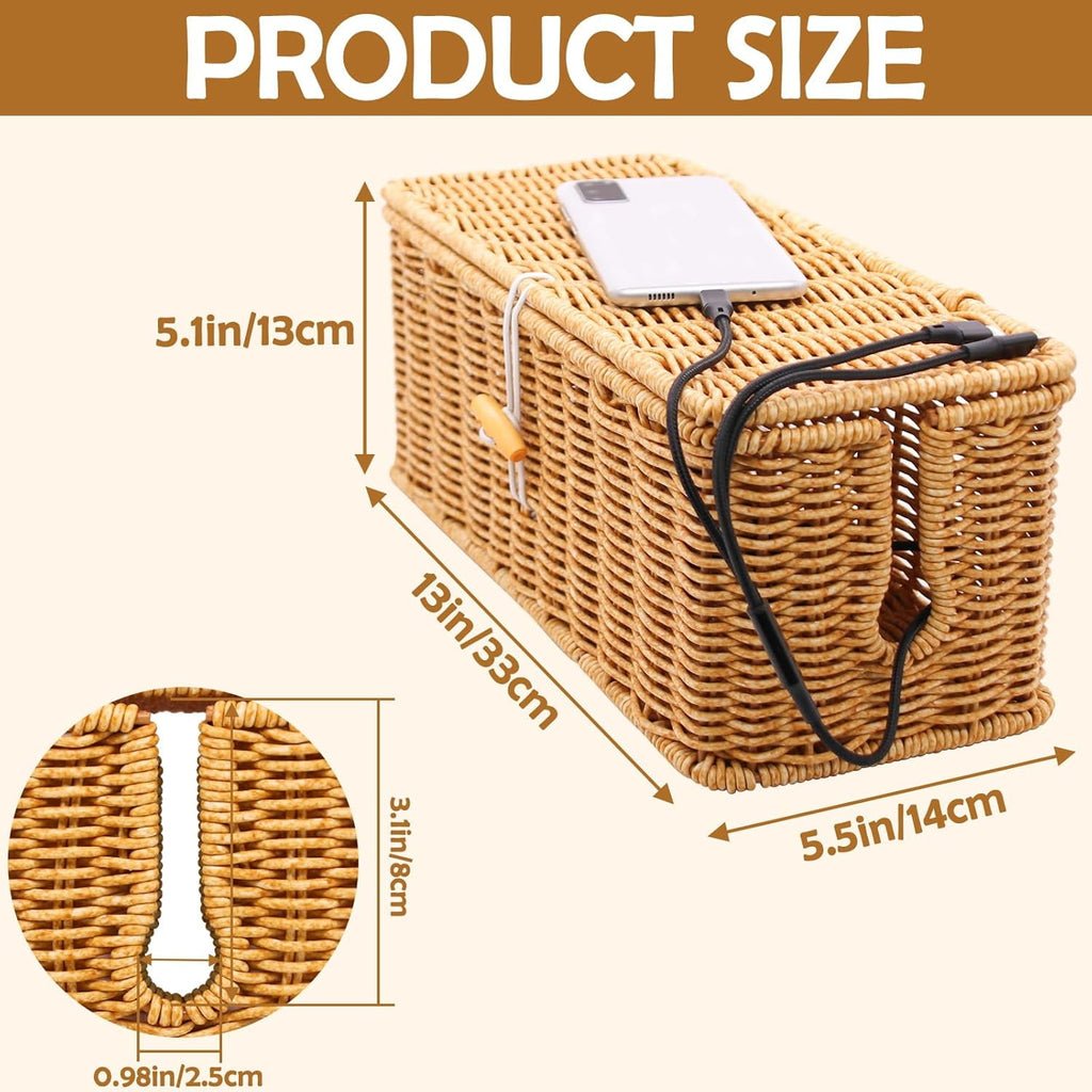 Cable Management Box, Handmade Imitation Rattan Cord Cable Organizer, Open Slots Cords Hider Box Cord Basket Under Desk Cord Organizer for C - Image 4
