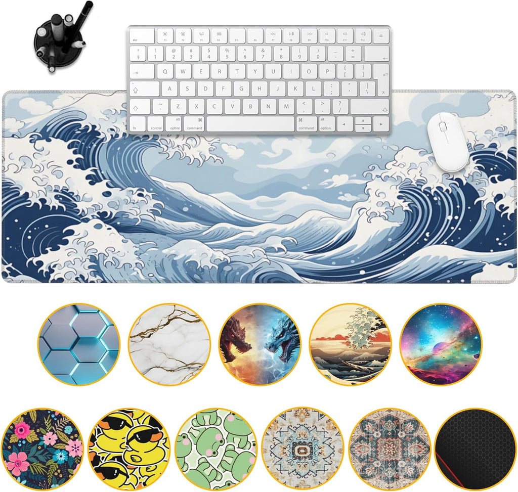 Mountain Gaming Mouse Pad,Japanese Blue and White Sea Wave Desk Mat,31.5"X15.7" Large Desk Pad with Stitched Edge Non... - Image 2