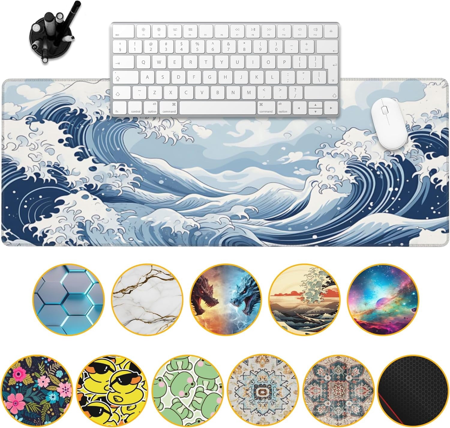 Mountain Gaming Mouse Pad,Japanese Blue and White Sea Wave Desk Mat,31.5"X15.7" Large Desk Pad with Stitched Edge Non... - Image 2