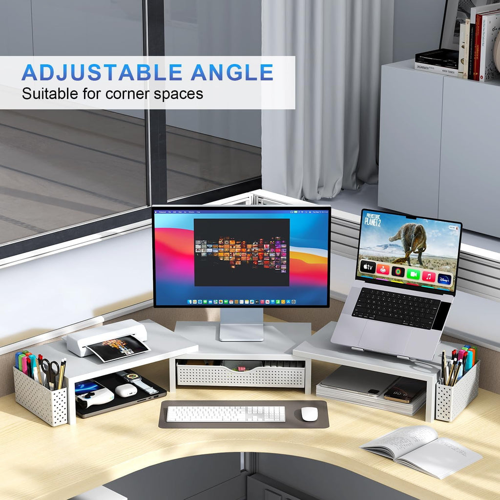Riser, Desk Organizer With Drawer and 2 Pen Holders, for Desk, Office Decor Essentials (White) - Image 2
