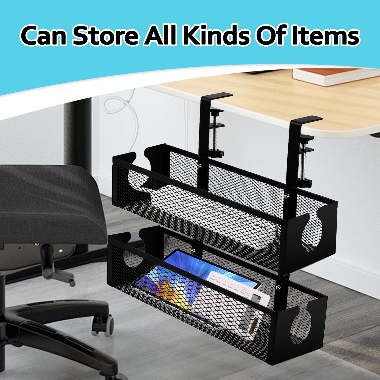 FT Hita 2 Layer Under Desk Cable Management Trays Black No Drill Cable Management Box With Clamp Cord Organizer for Office, Home,Gaming Desk - Image 3