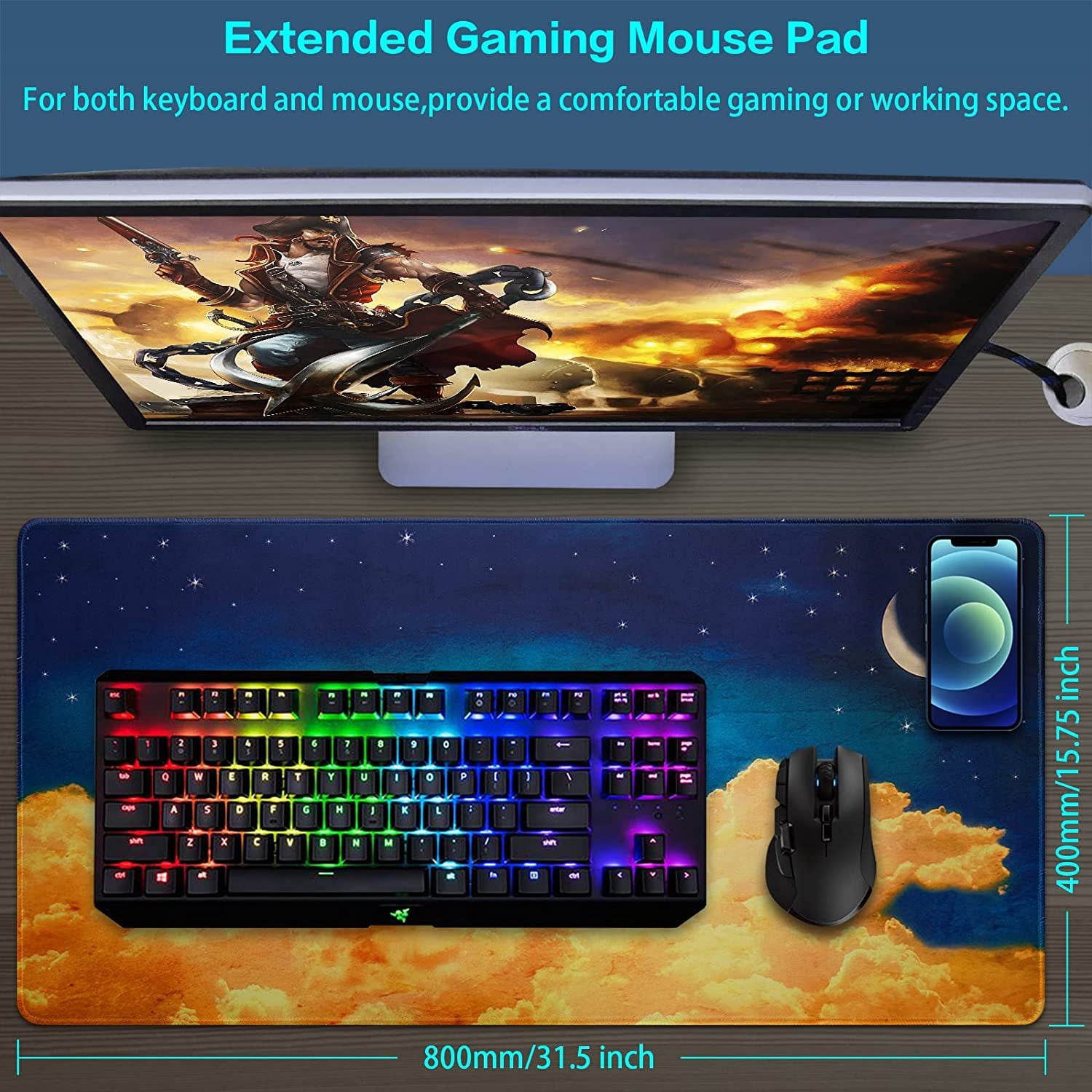 Gaming Mouse Pad, Extended Mouse Pad, 31.5x15.7inch XXL Large Big Computer Keyboard Mouse Mat Desk Pad with Non-Slip Base and Stitched Edge - Image 2