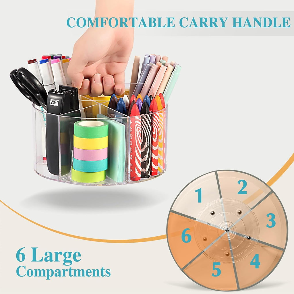 Behome Marker Organizer, 360-Degree Rotating Pencil Holder, Rotating Desk Acrylic Office Organizer with 6 Compartments, Art Supply Storage O - Image 4
