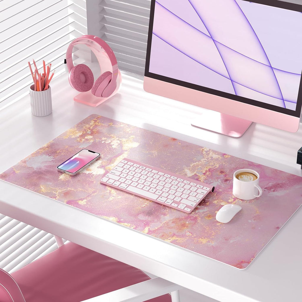 Large Mouse Pad, Cute Pink Desk Mat for Desktop, Women Girls PU Leather Waterproof Gaming, Rose Gold Marble Computer ... - Image 4
