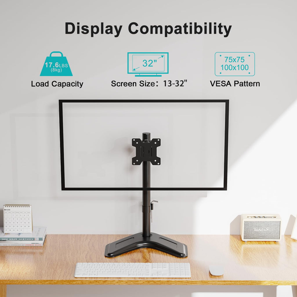 Single Monitor Stands Fits 13'' to 32'' Screen, Freestanding Monitor Mount for Desk, VESA 75x75 100x100, up to 17.6lbs - Image 3