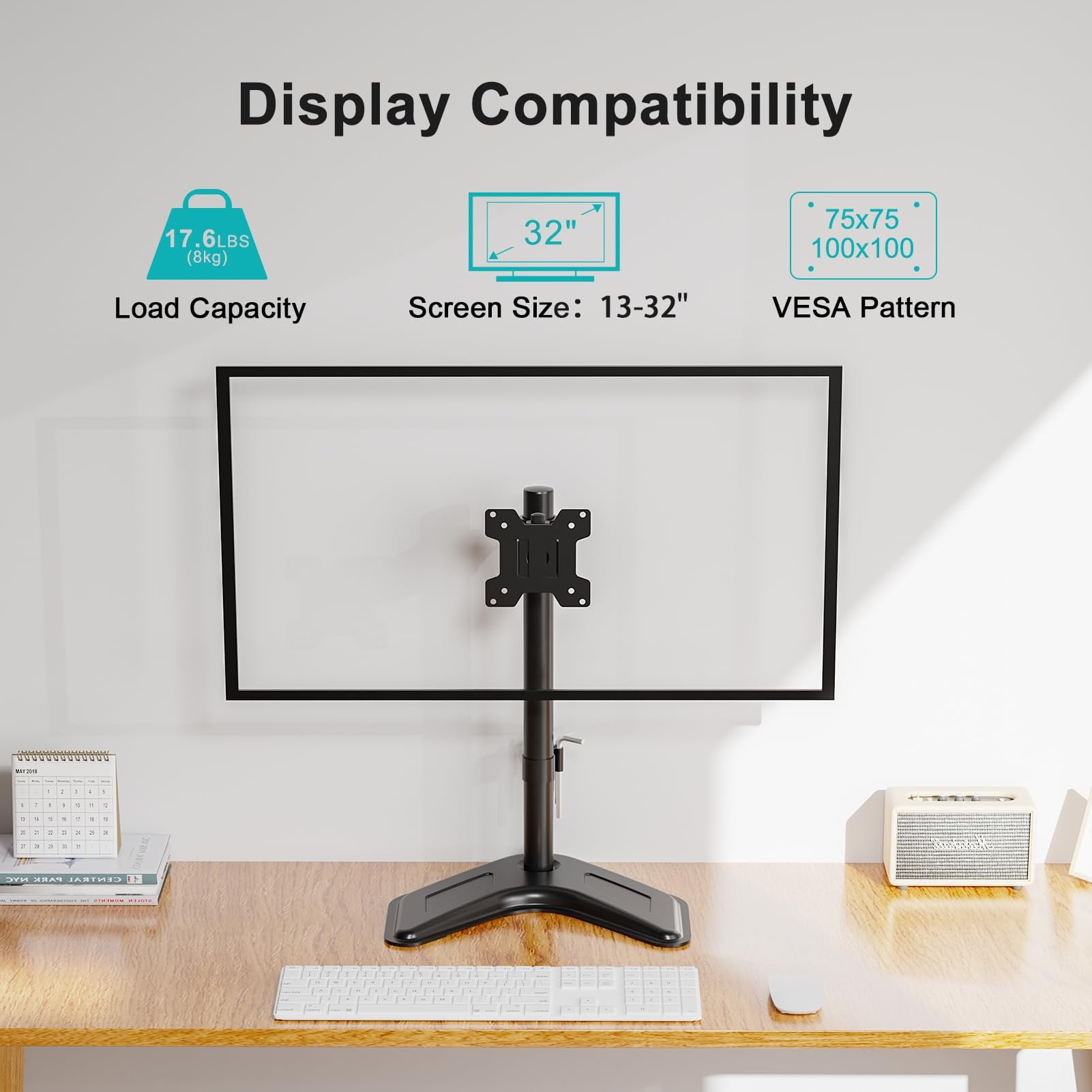 Single Monitor Stands Fits 13'' to 32'' Screen, Freestanding Monitor Mount for Desk, VESA 75x75 100x100, up to 17.6lbs - Image 3