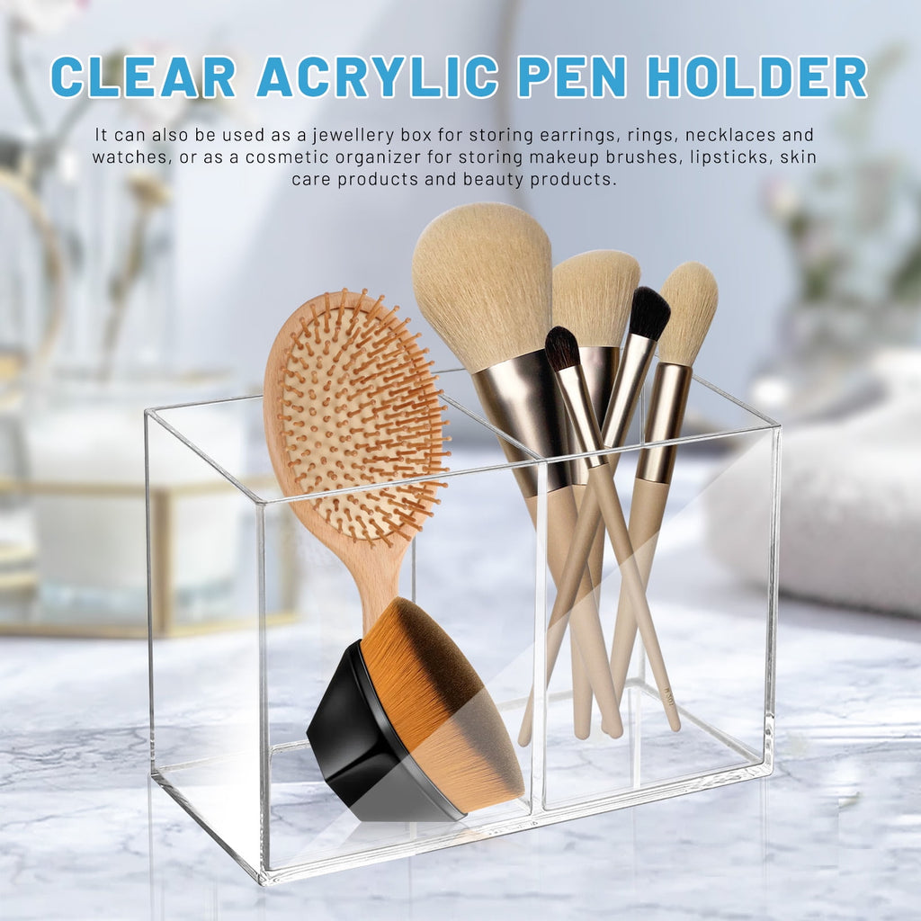 2Pcs Acrylic Pen Holder for Desk, 2 Compartments Clear Makeup Brush Holder Organizer, Pen Cup for Pencil Marker - Image 4