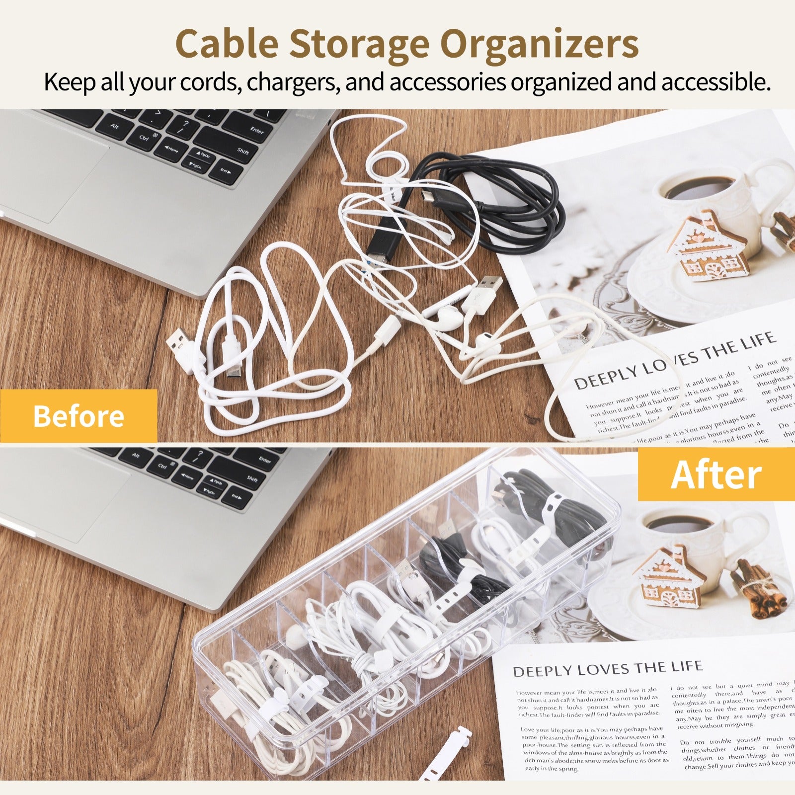 3 Pcs Cable Storage Organizers, Clear Cord Organizer Boxes with Lids & Detachable Dividers, Cable Storage Boxes with 10 Cable Ties, Transpar - Image 2