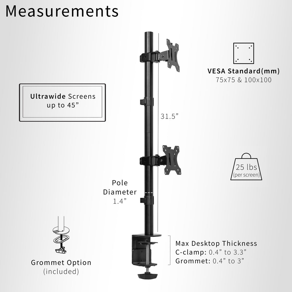 Dual Ultrawide Monitor Desk Mount, Adjustable Stand for 2 Screens up to 45" - Image 3