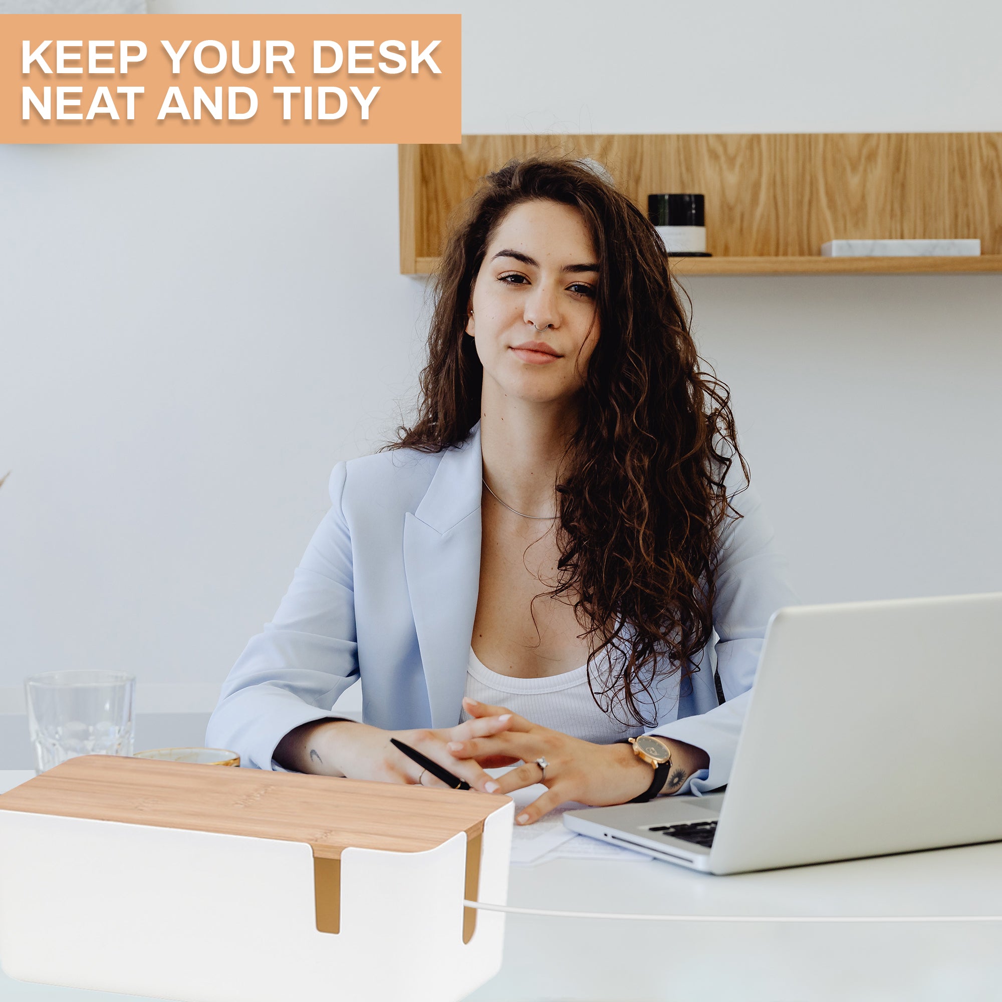 Cable Management Box - 12x5x4.5 inches, Cable Cover & Wood Lid, Cord Organizer for Desk TV Computer USB Hub System to Cover and Hide & Power - Image 5