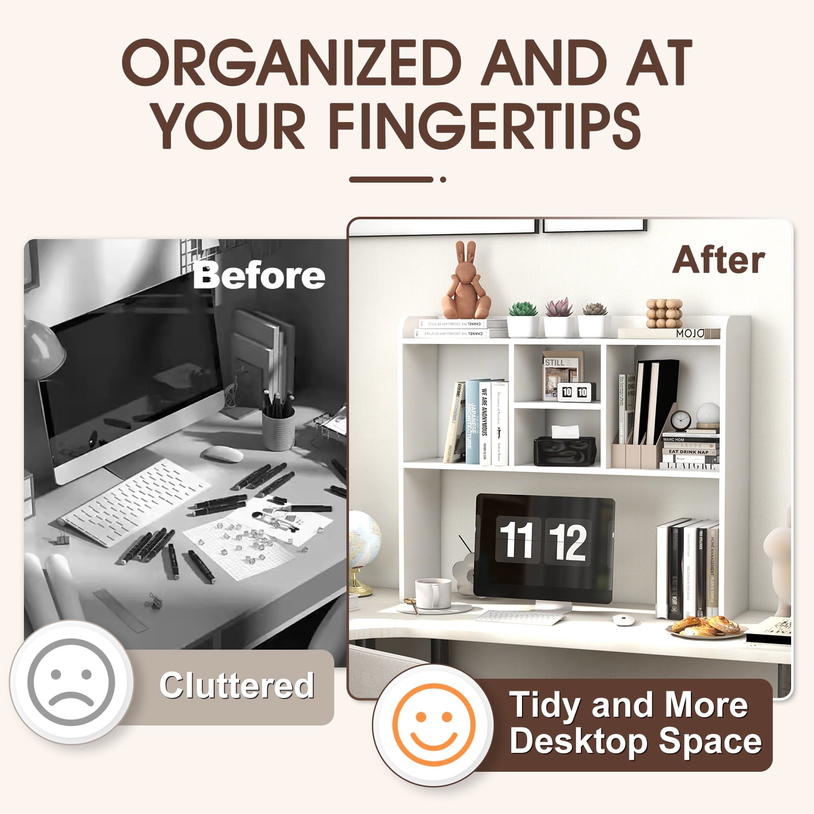 Desktop Bookshelf, Office Desktop Shelf, Wood Desk Hutch for Computer Desk, Adjustable Display Rack, Multipurpose Desktop Bookshelf Storage - Image 2