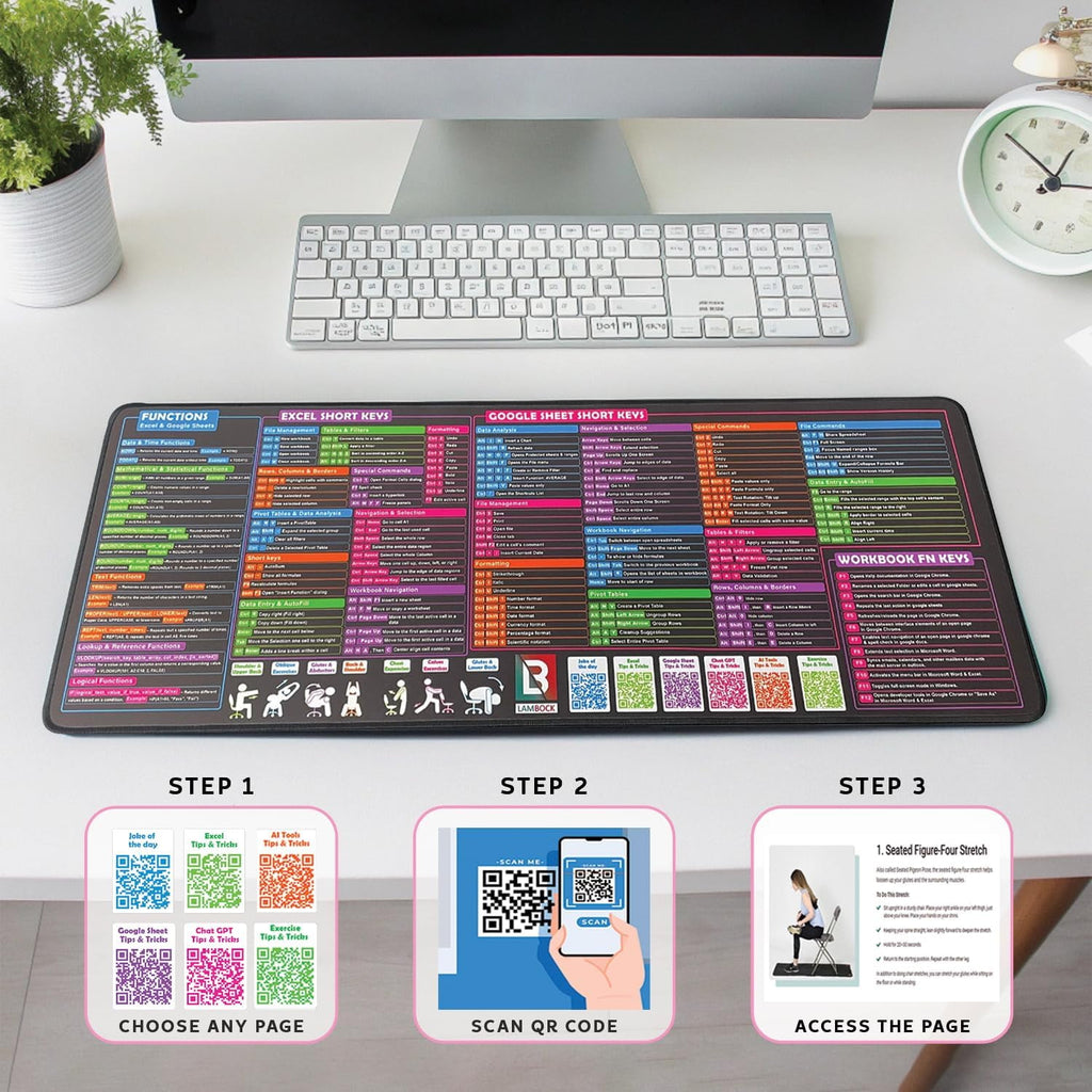 Lambock Excel Cheat Sheet Desk Pad & Mouse Pad 16 x 32 Excell Formulas Shortcut Mat for Keyboard and Mouse Neoprene XXL Desk Mat for Desktop - Image 6