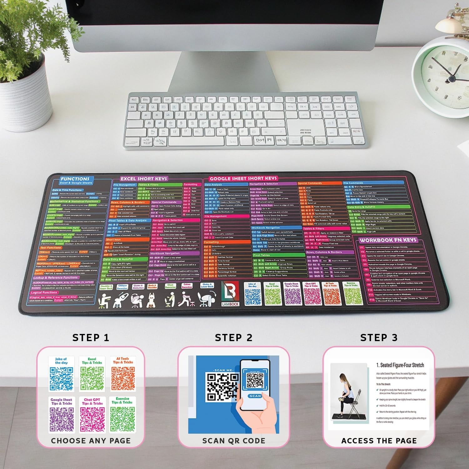 Lambock Excel Cheat Sheet Desk Pad & Mouse Pad 16 x 32 Excell Formulas Shortcut Mat for Keyboard and Mouse Neoprene XXL Desk Mat for Desktop - Image 6