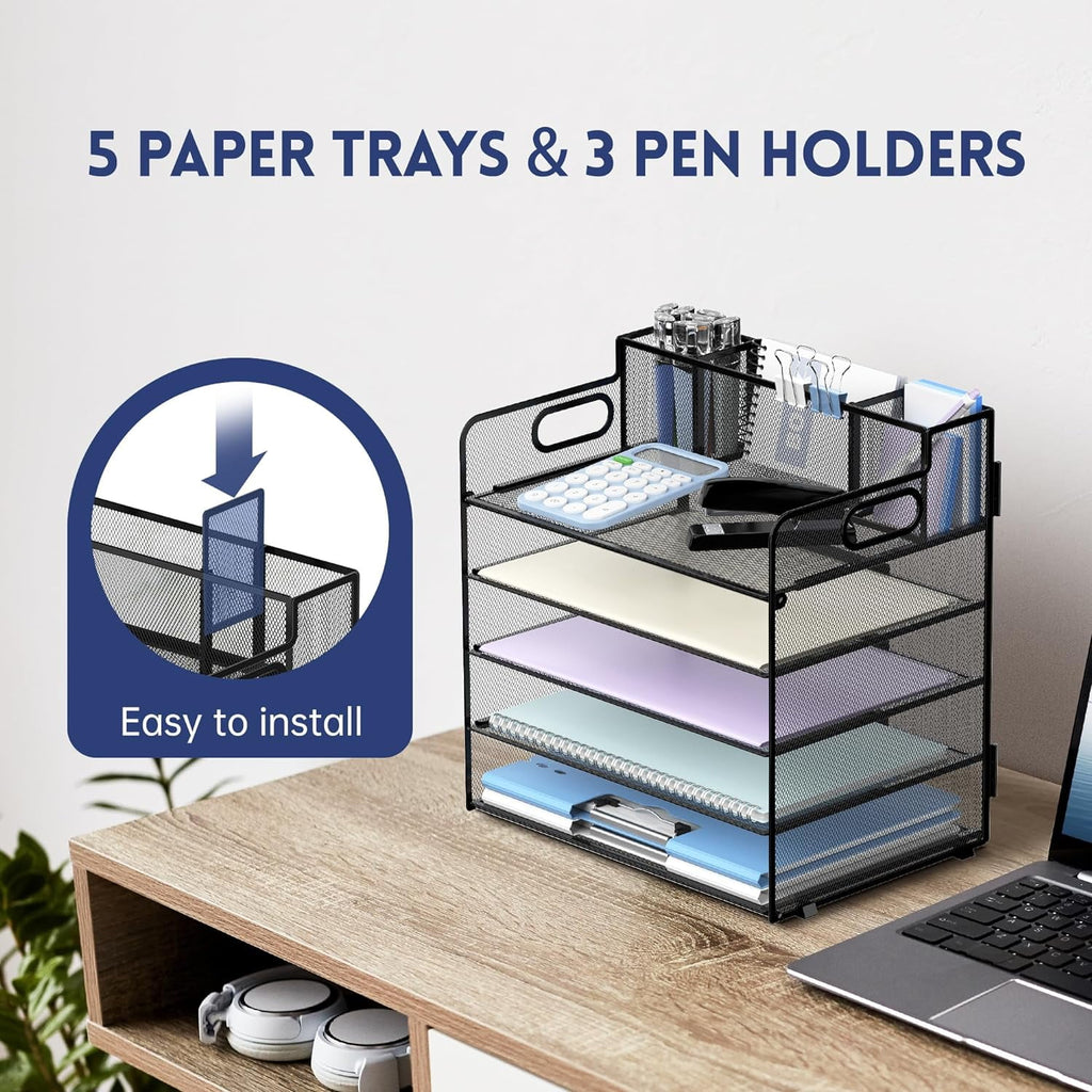 INTIGE 5 Trays Paper Organizer with 3 Pencil Holders-Letter Tray Desk Organzier with Handle (Black) - Image 3