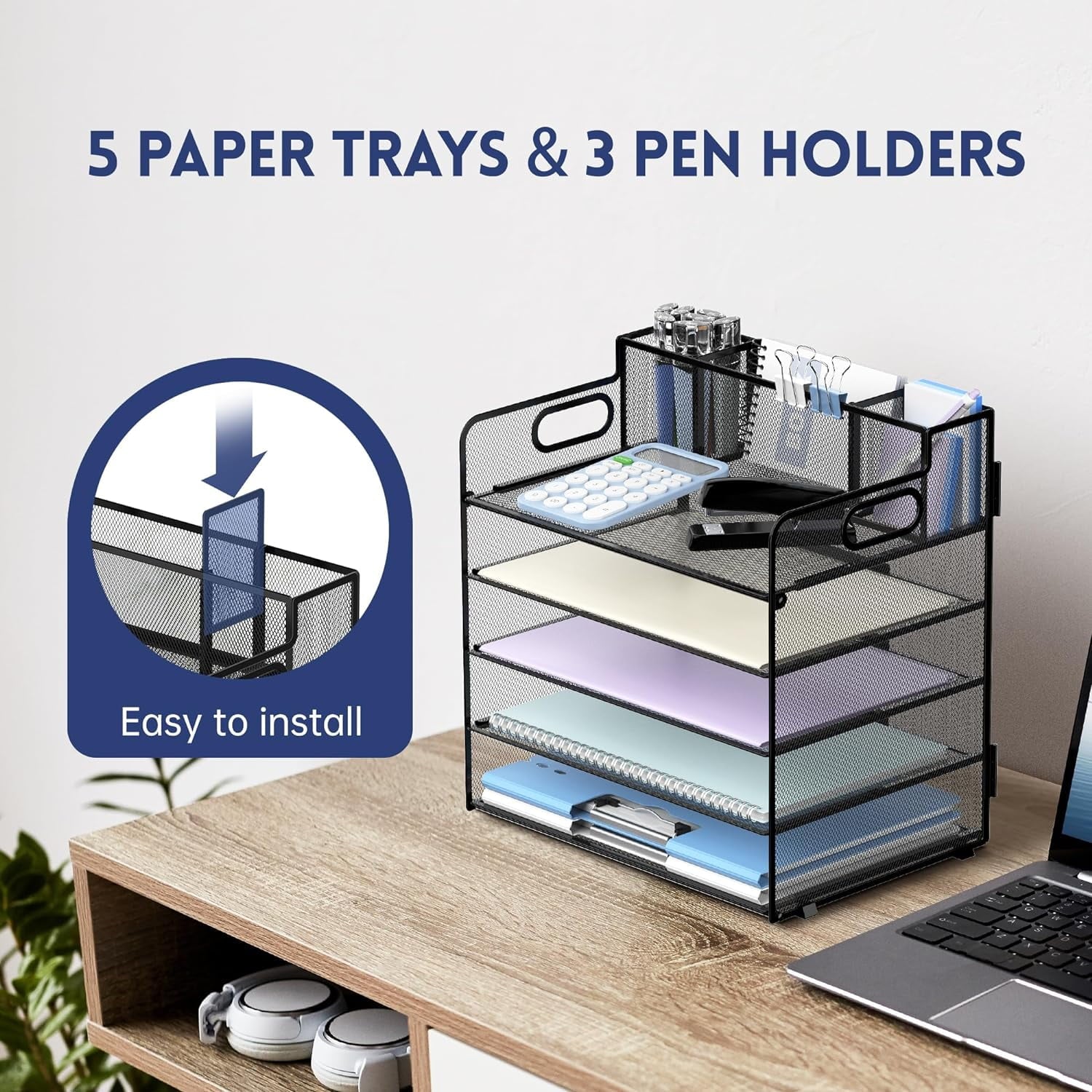 INTIGE 5 Trays Paper Organizer with 3 Pencil Holders-Letter Tray Desk Organzier with Handle (Black) - Image 3