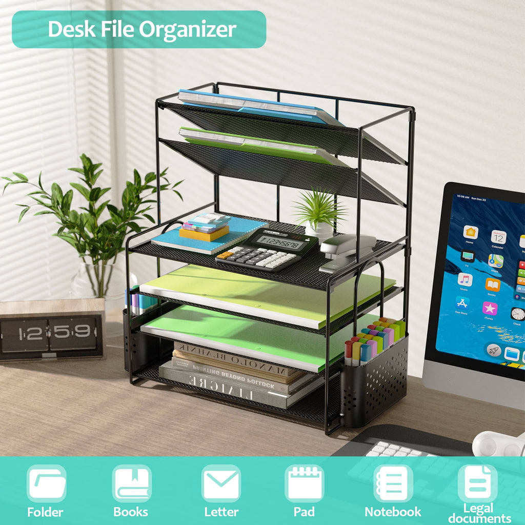 6 Tier Metal Desk File Organizer, Letter Tray Paper Organizer with Pen Holder, Black Desk Organizer - Image 6
