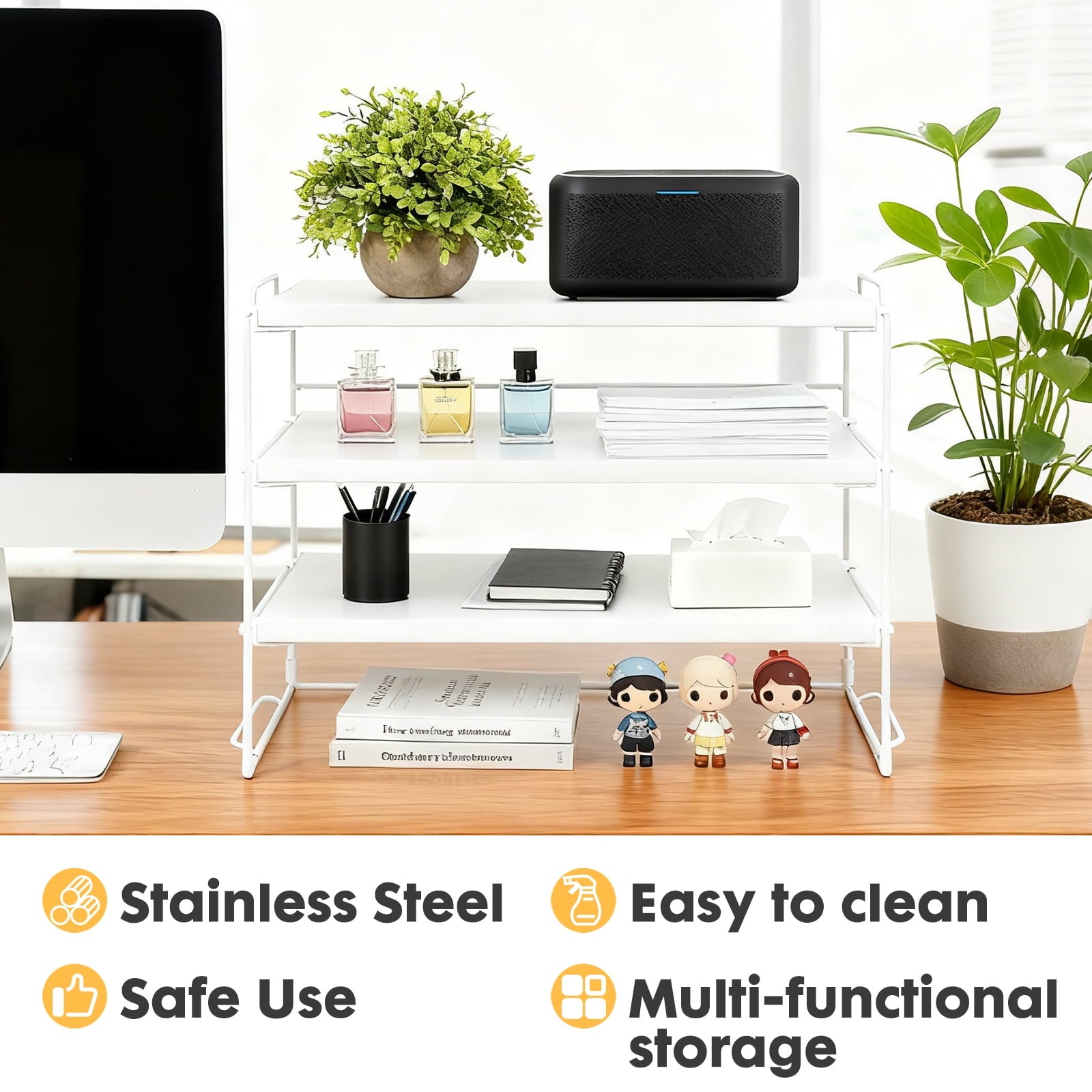 Desk Shelf Organizer, 3 Tier Desktop Organizers Storage Shelves Tabletop Bookshelf for Home Office, White - Image 3