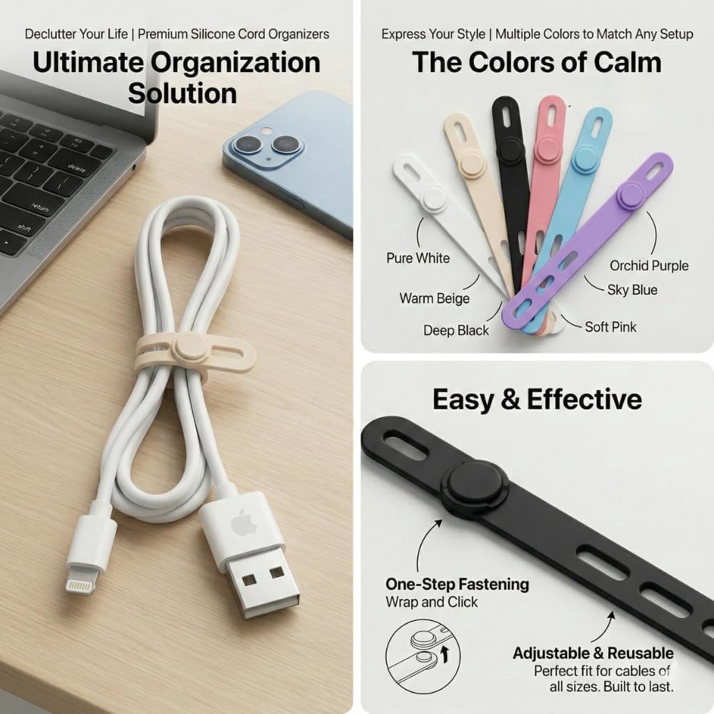 Reusable Silicone Cable Ties Pack of 24 Adjustable Cord Organizer Straps, Flexible Wire Management Bands, Multi-Color... - Image 2
