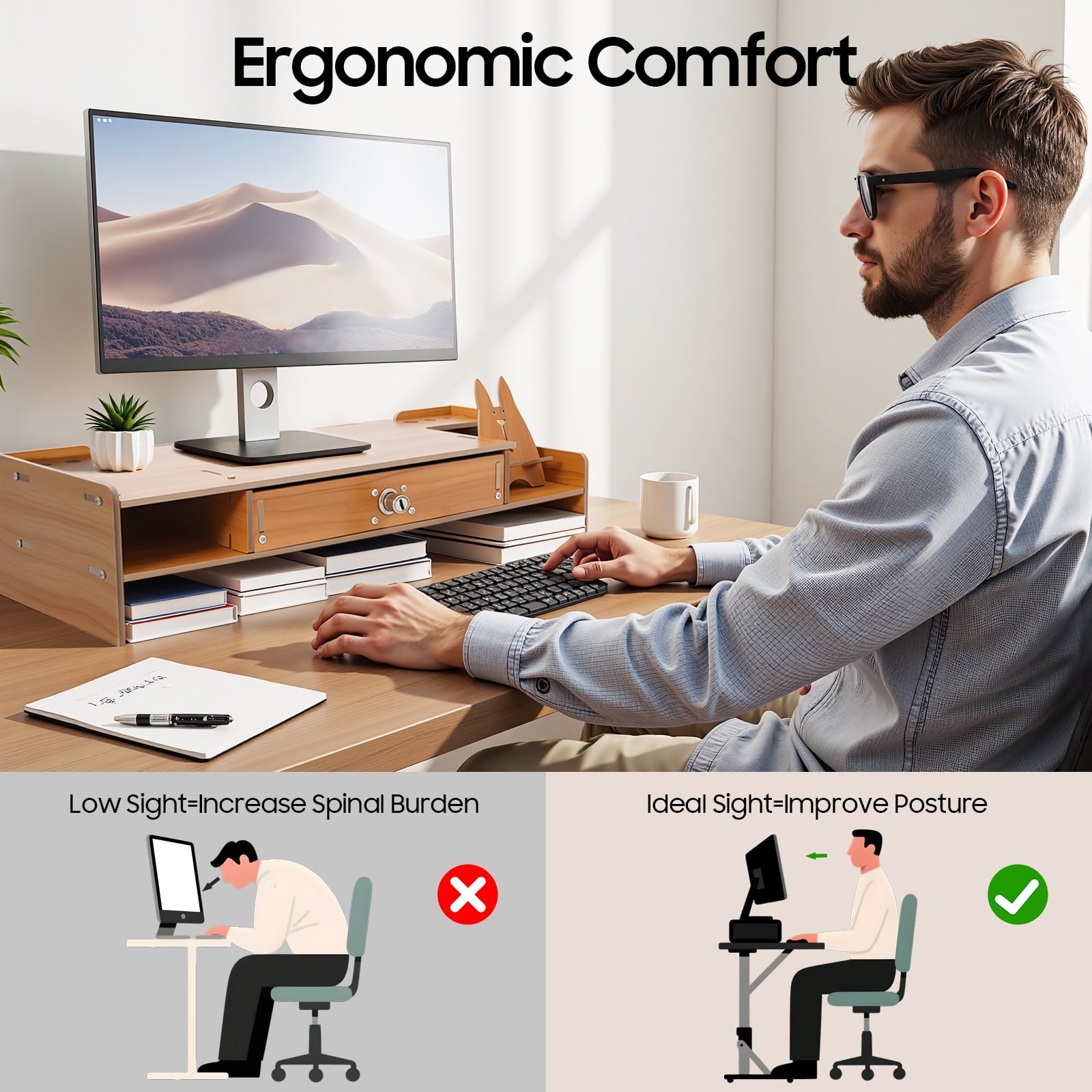 Computer Rack with Lockable Drawer,Space-Saving MDF Riser Computer Monitor Stand, Home/Office Desk Organizer - Image 4