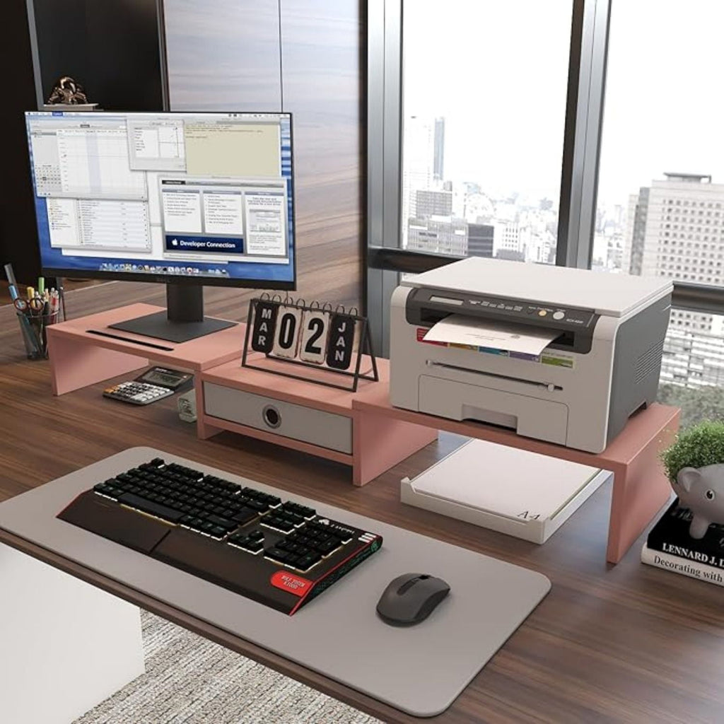 Dual 3 Shelf Computer Riser with Drawer, Adjustable Length and Angle, Desktop 2 Monitor Stand Storage Organizer - Image 5