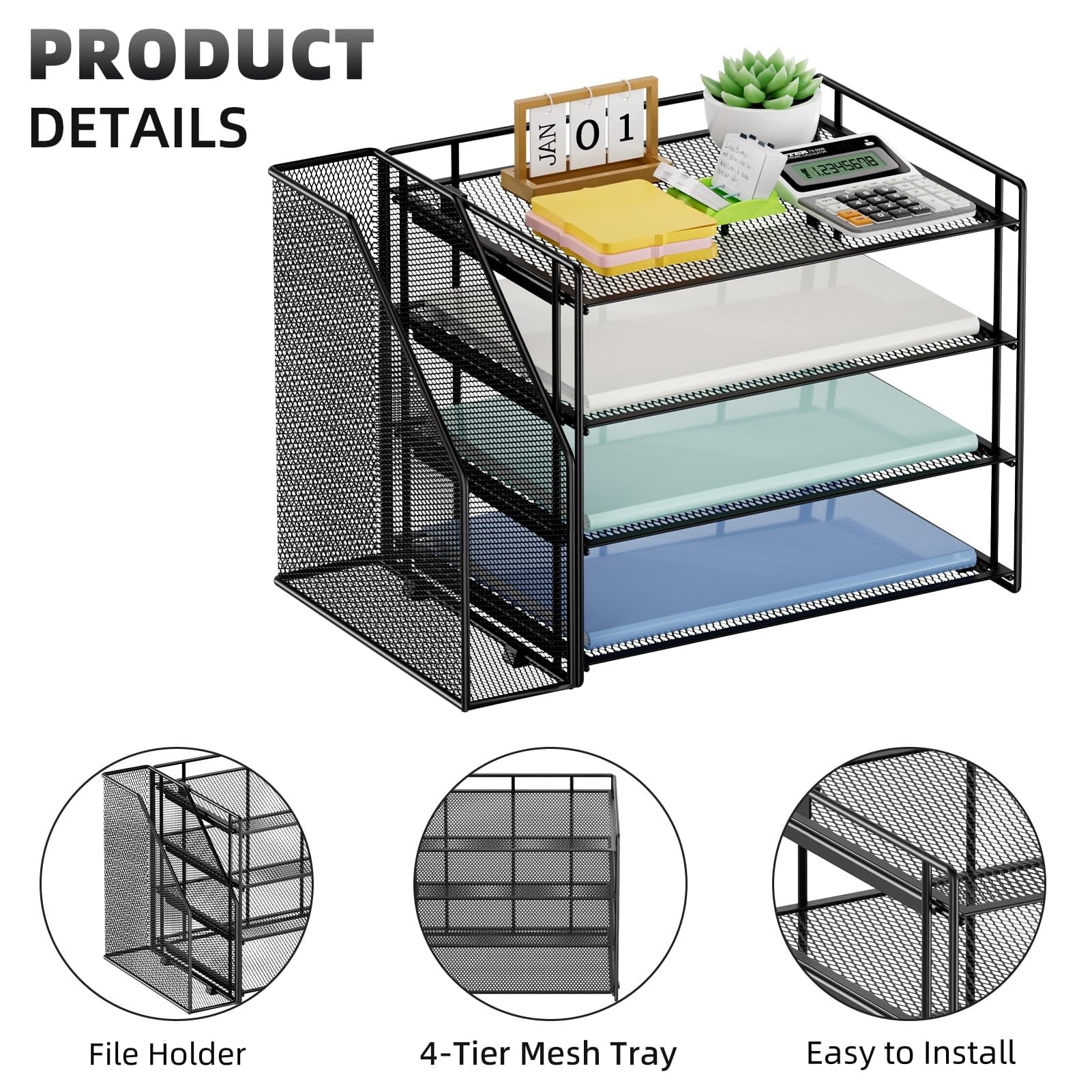 and Accessories，4-Tier Paper Letter Tray with File Holder for Home Office Supplies (Black)1 Count - Image 3