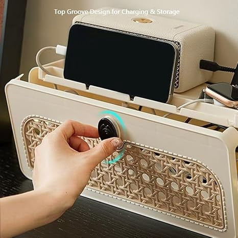 Boho Rattan Cable Management Box with Charging Station, WiFi Router Organizer Box for Desk & Nightstand, Cord Organizer to Hide Wires - Image 3