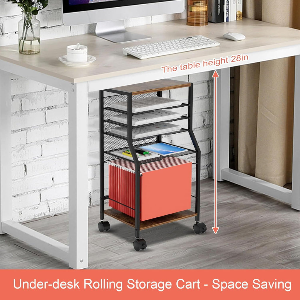 Rolling File Cart, 6 Tiers Under Desk Organizer on Wheels, Wood Planks and Mesh Cart with Hanging File Folders Rack and Paper Trays, Black - Image 4