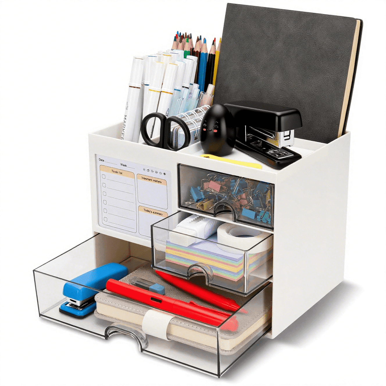 Desk Organizer Box, White Rectangular ABS Plastic, 3 Drawers, 8 Compartments, Office Storage, 8.185.626.1 in