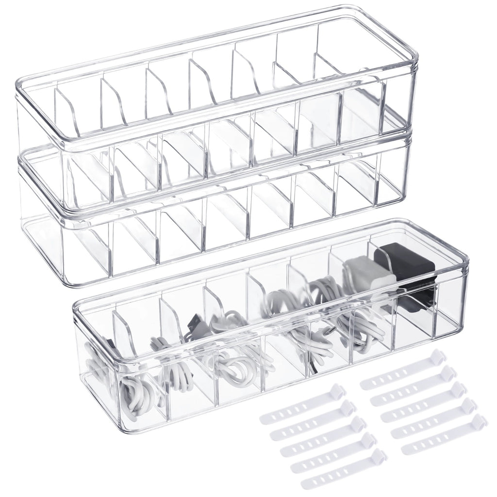 3 Pcs Cable Storage Organizers, Clear Cord Organizer Boxes with Lids & Detachable Dividers, Cable Storage Boxes with 10 Cable Ties, Transpar