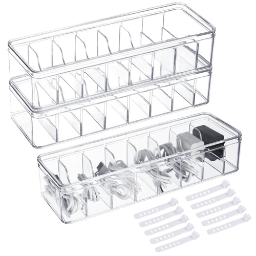 3 Pcs Cable Storage Organizers, Clear Cord Organizer Boxes with Lids & Detachable Dividers, Cable Storage Boxes with 10 Cable Ties, Transpar
