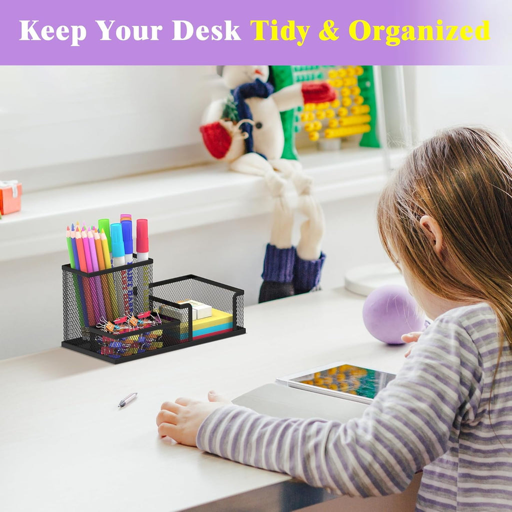 INTIGE Mesh Pen Holder Desk Organizer, Office Supplies Pencil Storage with 3 Compartments - Image 4