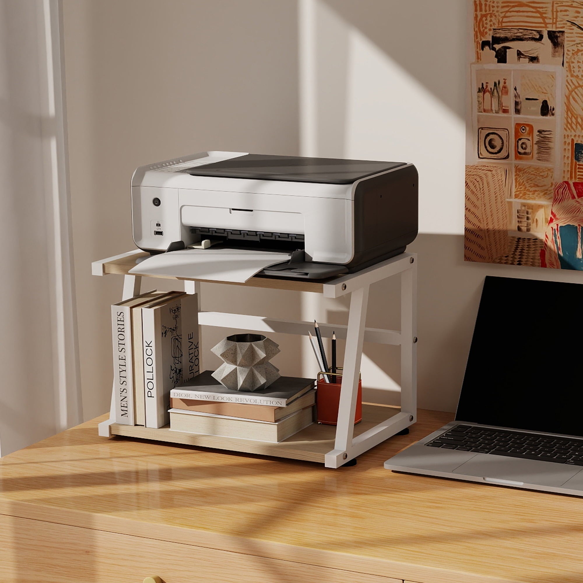Printer Stand for Desk, 2 Tier Desktop Printer Shelf with Storage, Holder Stand Organizer for Home Office, Light Color - Image 2
