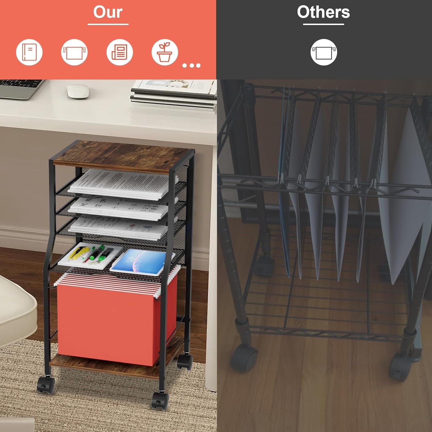 Rolling File Cart, 6 Tiers Under Desk Organizer on Wheels, Wood Planks and Mesh Cart with Hanging File Folders Rack and Paper Trays, Black - Image 3