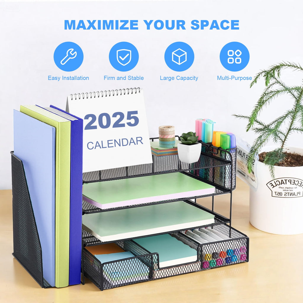 4-Tier Metal Vertical Countertop Desk Organizer comes with (2) Pen Cups, (1) Drawer & (1) File Holder, Black - Image 4