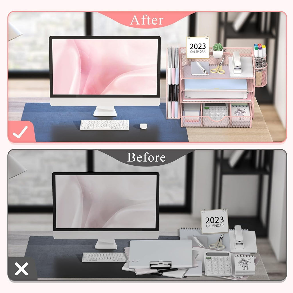 INTIGE 4-Tier Metal Desk Organizer with File Holder, 1 Drawer, 2 Pen Holders, Paper Organizer, Pink - Image 6