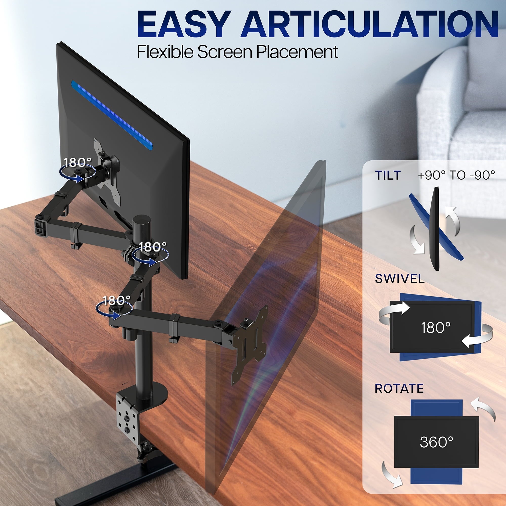 Black Dual Monitor Desk Mount Adjustable Stand, Fits Screens up to 32" - Image 3