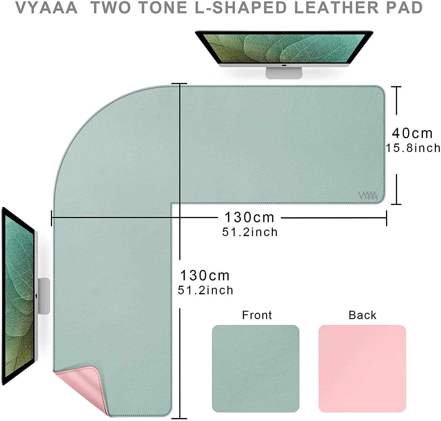 L-Shaped Leather Desk Pad Protector,Large Mouse Pad Corner Desk Mat,Double Sided Desk Blotter for Computer,Laptop,Office or Home,51" x 51"x - Image 2