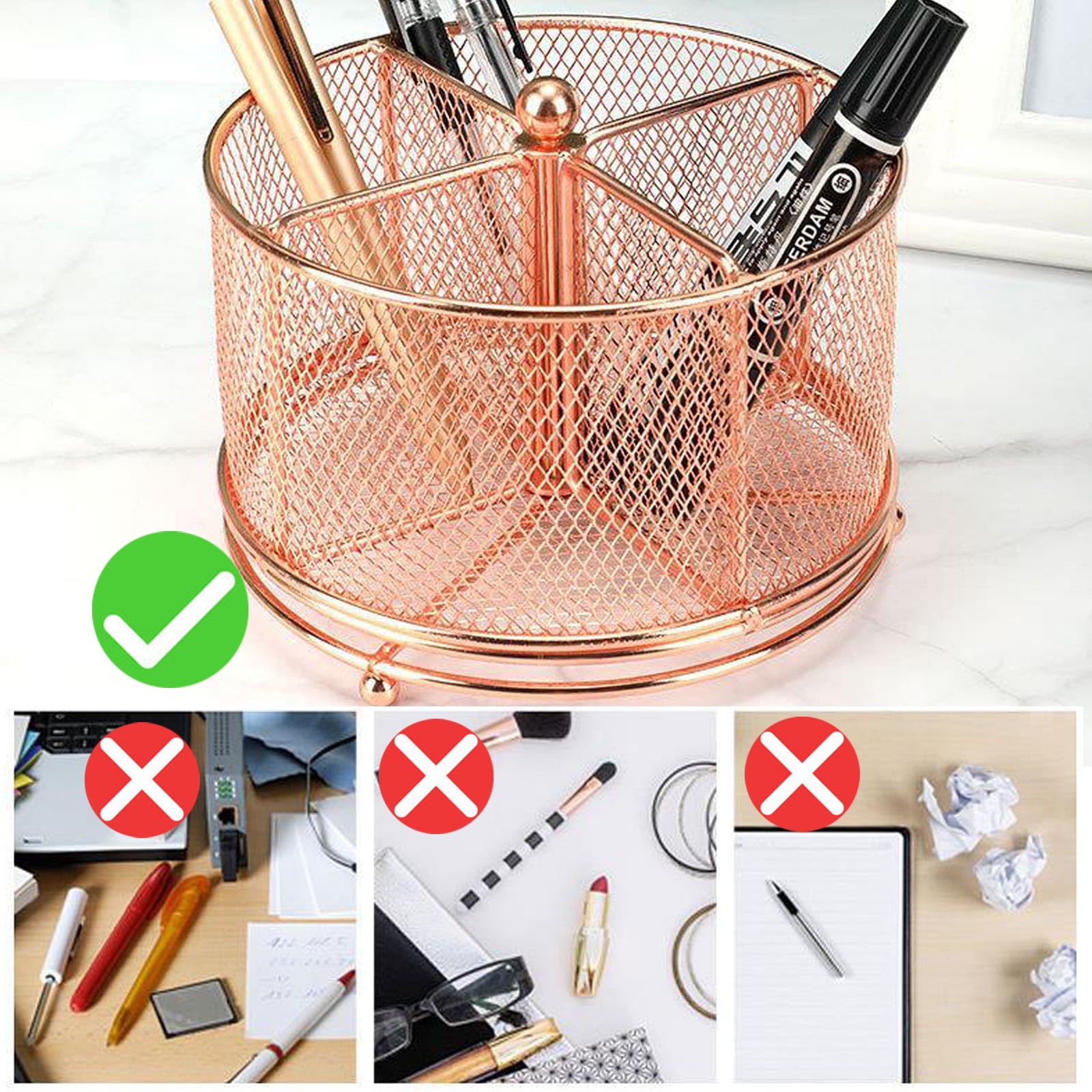 Bleiou Metal Makeup Brush Holder Pen Holder Rotating Desk Organizer for Office Supplies - Convenient and Durable Storage for Pens,Pencils,Ma - Image 3