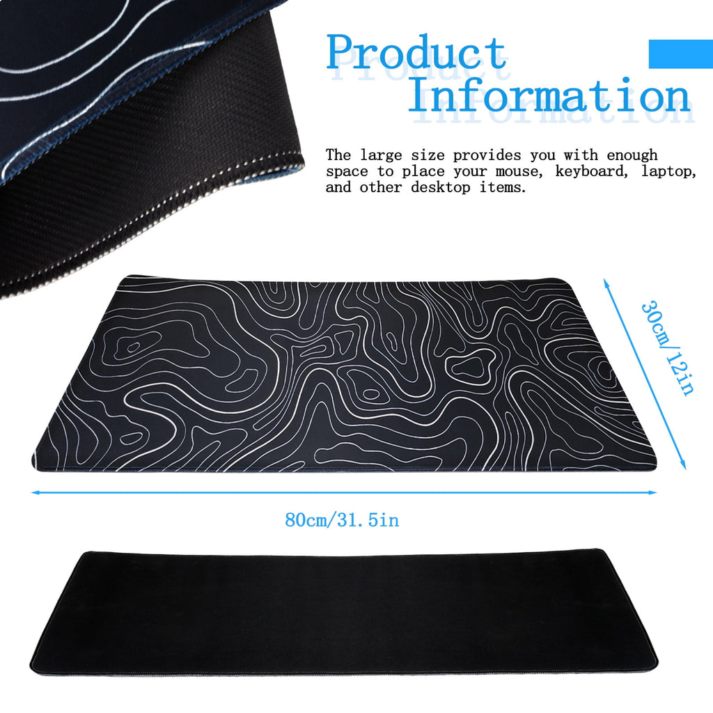Topographic Mouse Pad 31.5 x 11.8 In, Large Keyboard Desk Pad Mat with with Non-Slip Base Stitched Edge, White and Bl... - Image 4