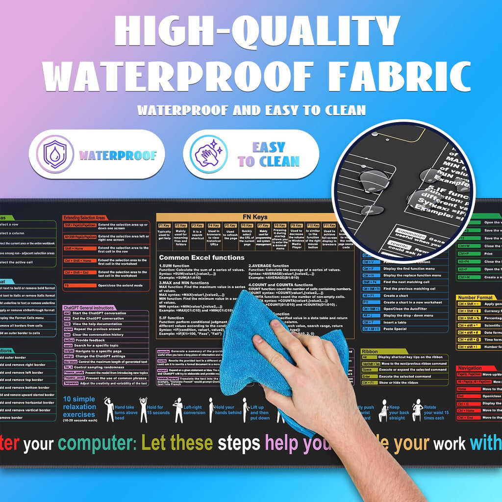 Excel Cheat Sheet Desk Mat, Large XL Waterproof Keyboard and Mouse Pad with Excel Shortcuts, Gaming Accessories for Computer Desk, 31.511.8 - Image 5