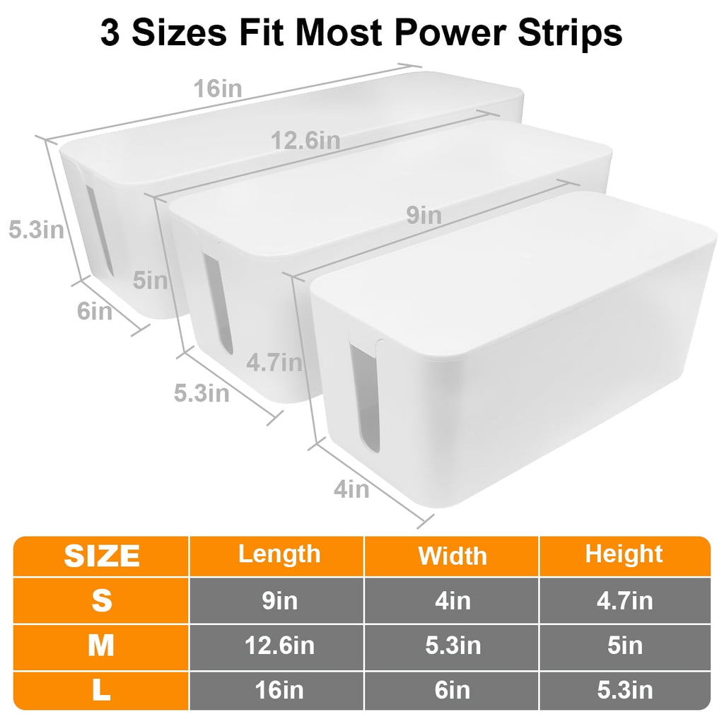 Cable Management Box Set Organizer 3 Size to Hide Wires Power Strips Electrical Cord - White - Image 4