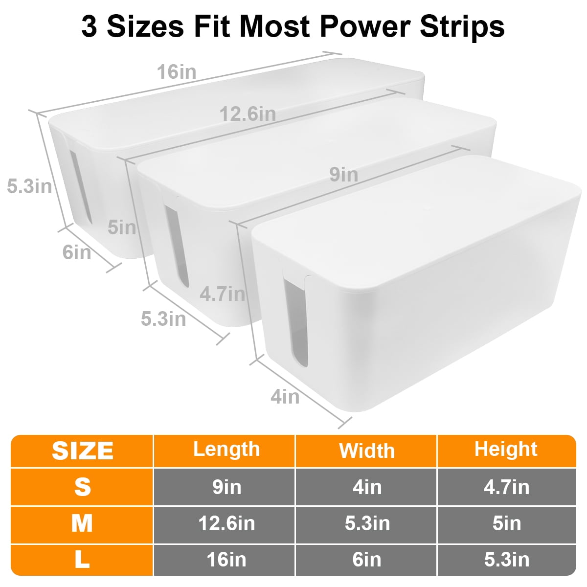 Cable Management Box Set Organizer 3 Size to Hide Wires Power Strips Electrical Cord - White - Image 4